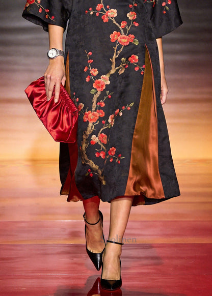 Casual Black Oversized Patchwork Print Silk Long Dresses Summer