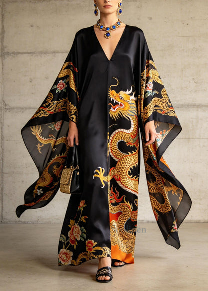 Casual Black Oversized Print Chiffon Dinner Dresses Batwing Sleeve