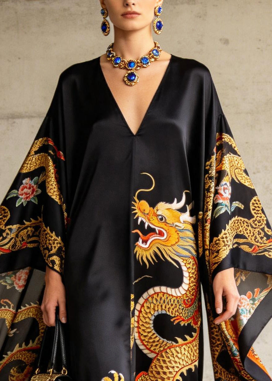 Casual Black Oversized Print Chiffon Dinner Dresses Batwing Sleeve
