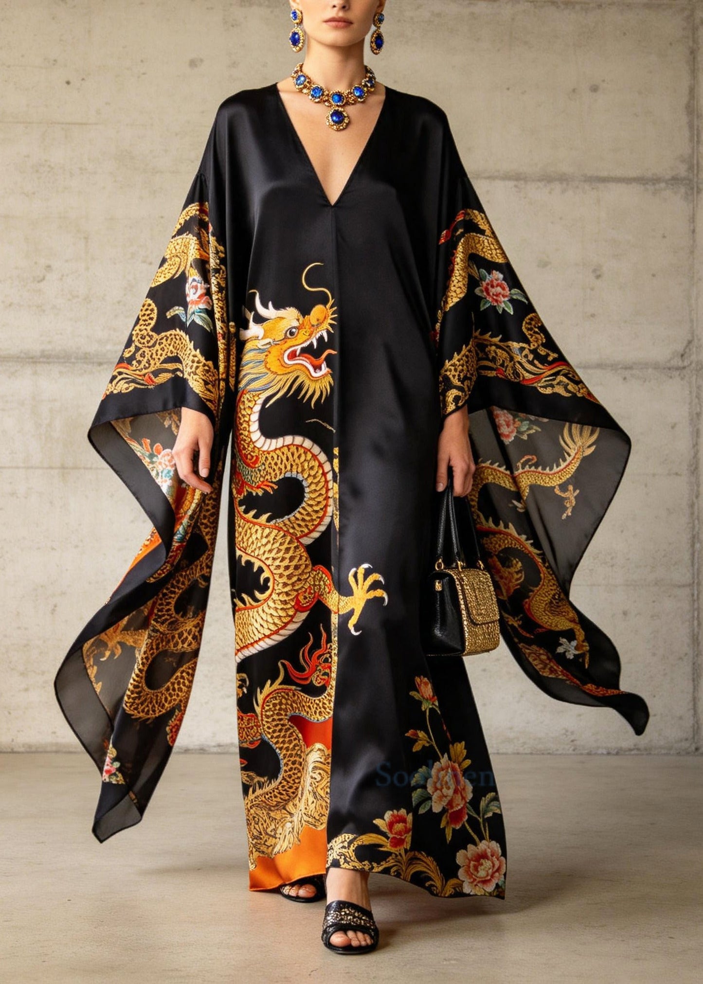 Casual Black Oversized Print Chiffon Dinner Dresses Batwing Sleeve