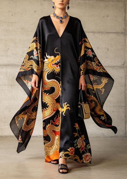 Casual Black Oversized Print Chiffon Dinner Dresses Batwing Sleeve