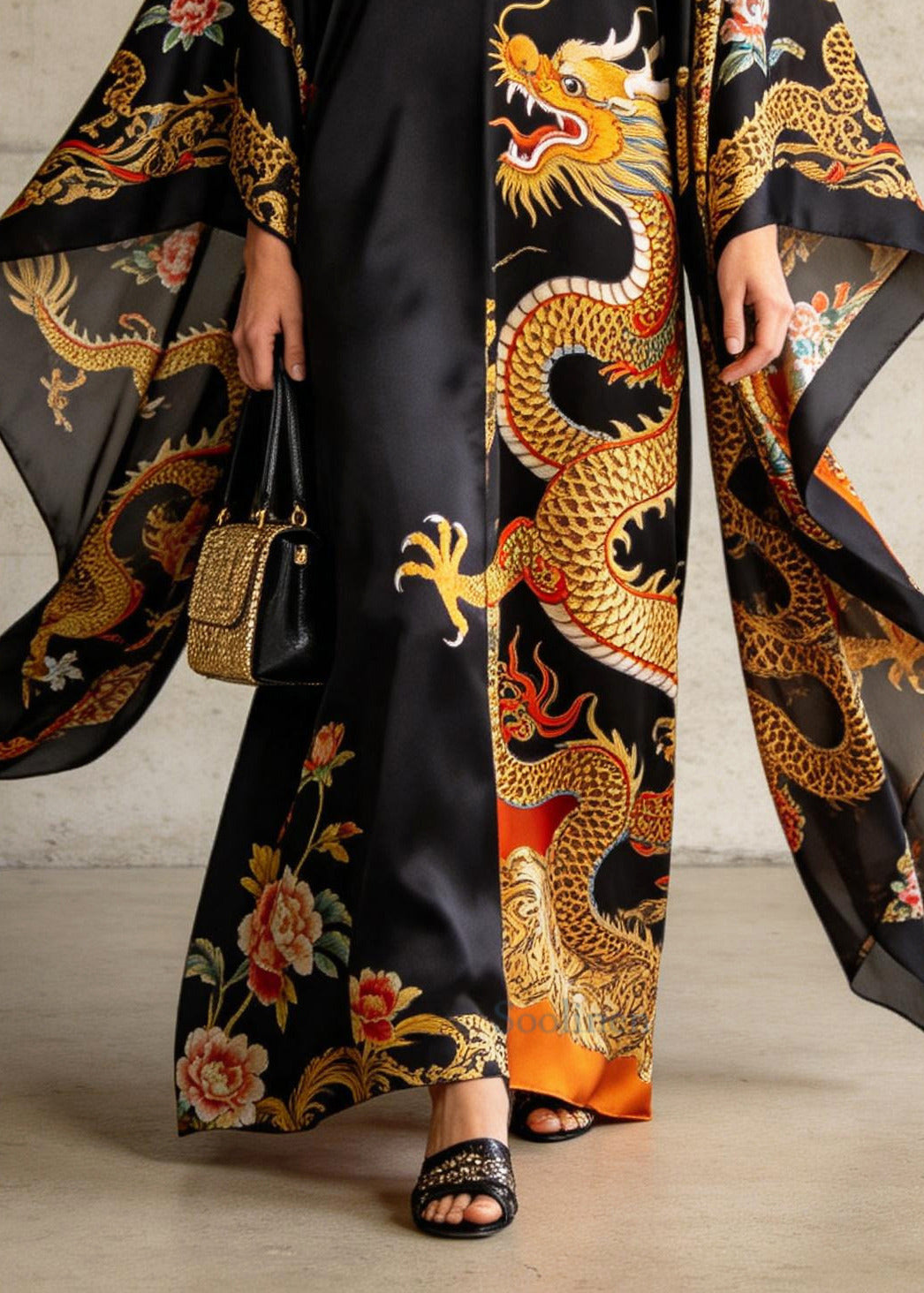 Casual Black Oversized Print Chiffon Dinner Dresses Batwing Sleeve
