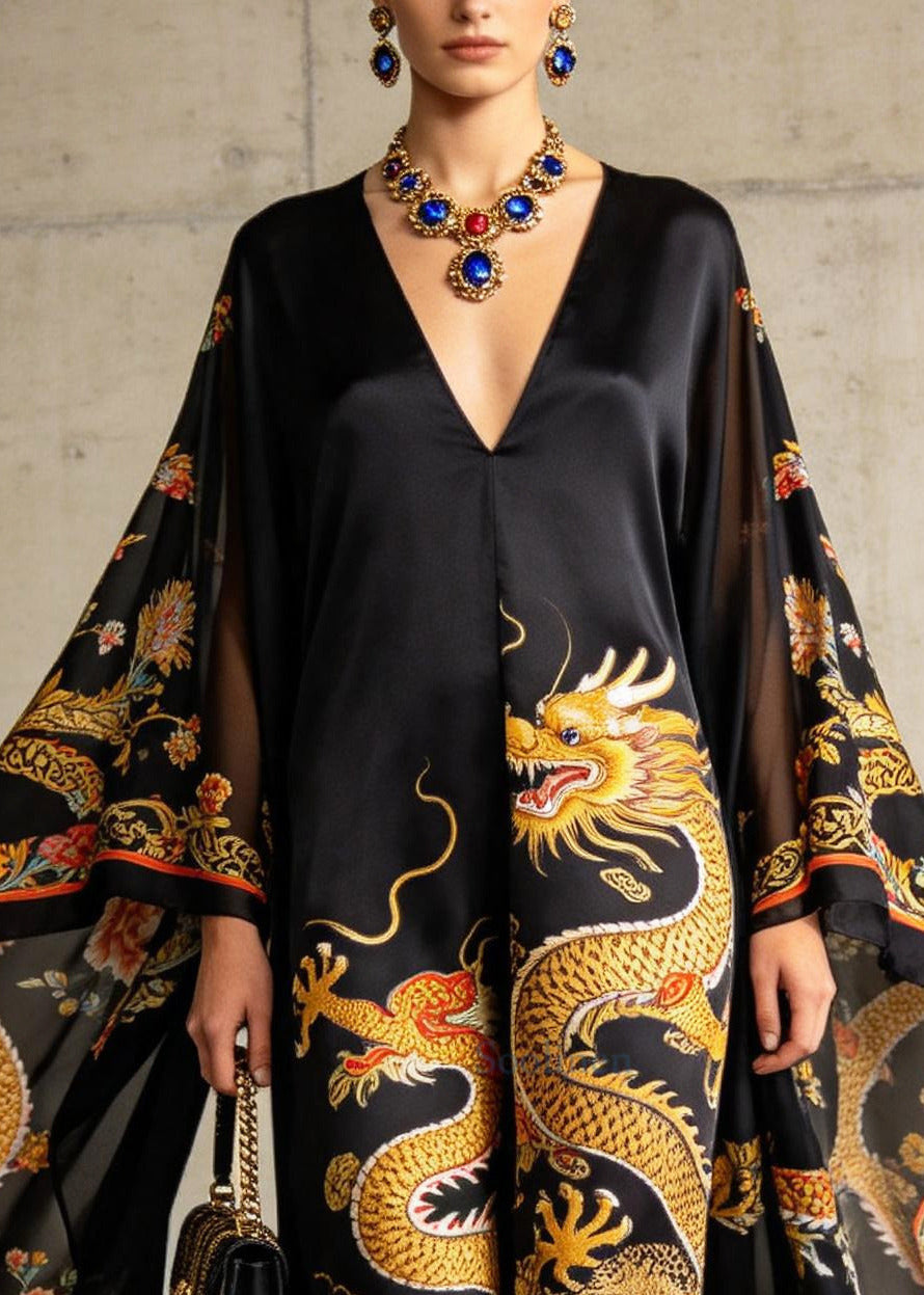 Casual Black Oversized Print Holiday Dress Batwing Sleeve