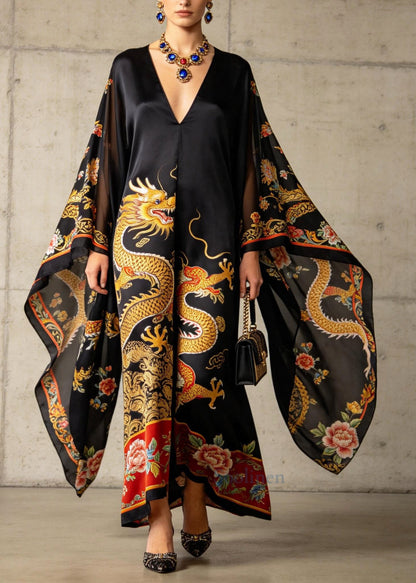 Casual Black Oversized Print Holiday Dress Batwing Sleeve