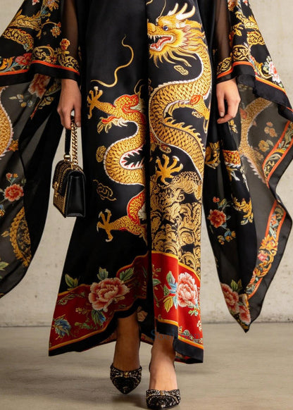 Casual Black Oversized Print Holiday Dress Batwing Sleeve
