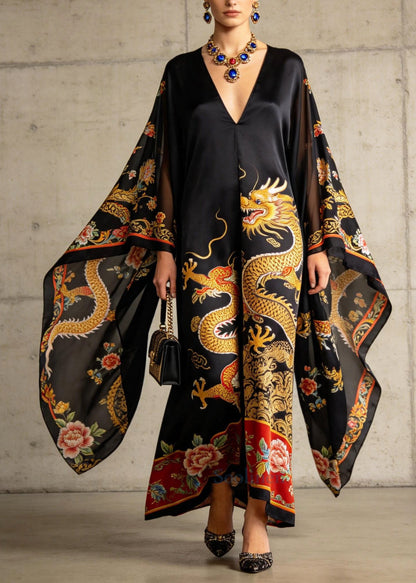 Casual Black Oversized Print Holiday Dress Batwing Sleeve