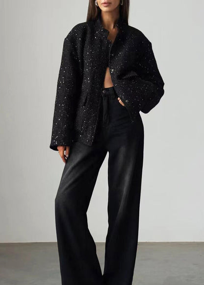Casual Black Oversized Stand Collar Sequins Pockets Jackets Fall