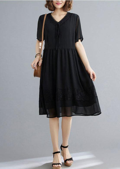 Casual Black Patchwork Lace V Neck Mid Dress Summer Chiffon Dress - SooLinen