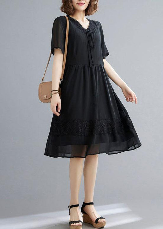 Casual Black Patchwork Lace V Neck Mid Dress Summer Chiffon Dress - SooLinen