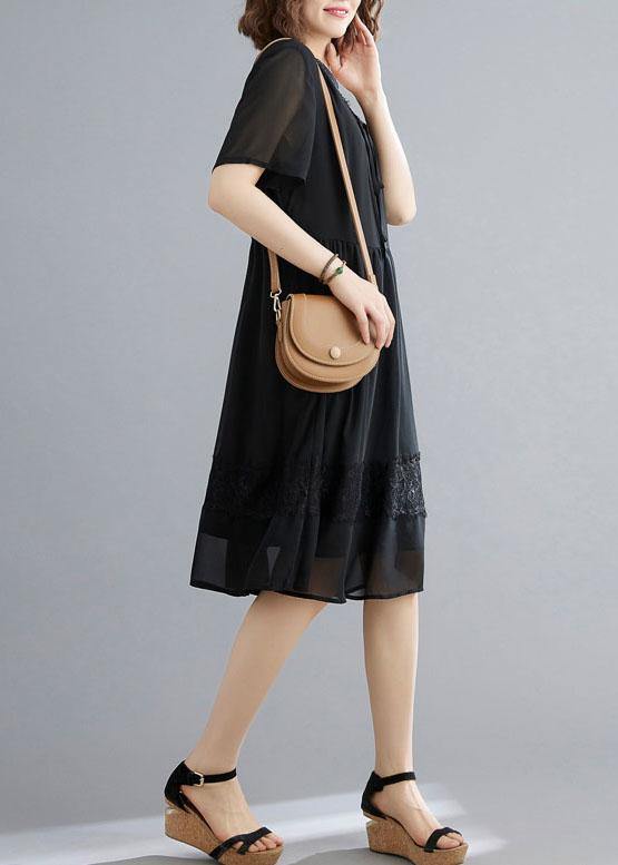 Casual Black Patchwork Lace V Neck Mid Dress Summer Chiffon Dress - SooLinen