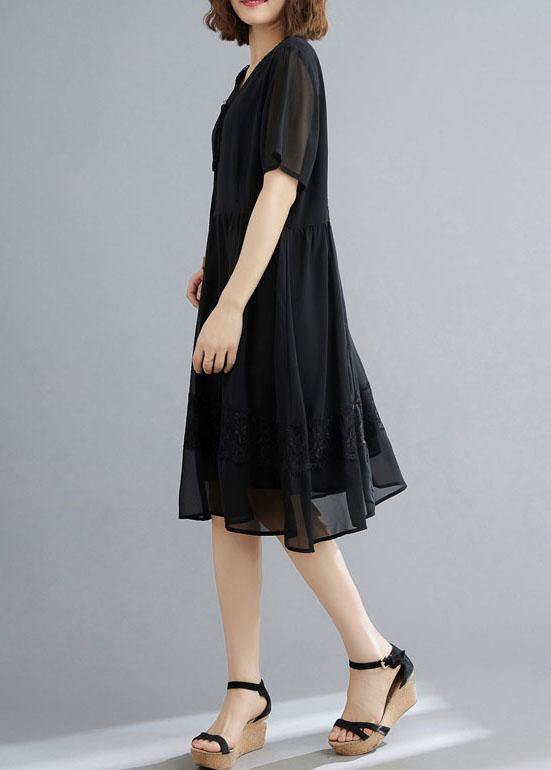 Casual Black Patchwork Lace V Neck Mid Dress Summer Chiffon Dress - SooLinen