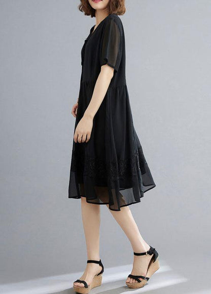 Casual Black Patchwork Lace V Neck Mid Dress Summer Chiffon Dress - SooLinen