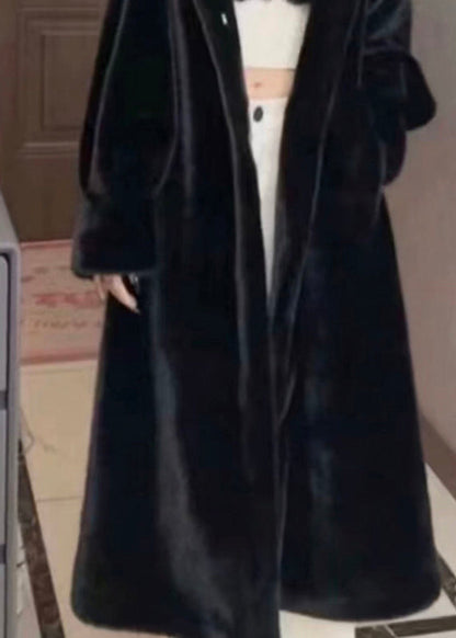 Gabardina larga informal de terciopelo de visón con capucha y retazos negros para invierno