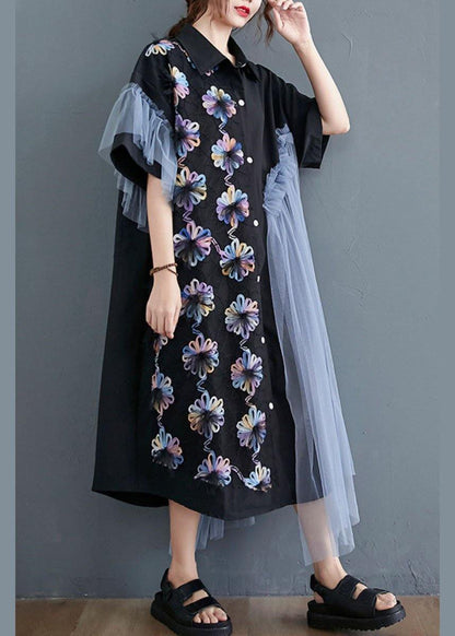 Casual Black Patchwork Tulle Peter Pan Collar Summer Button Dresses Half Sleeve - SooLinen