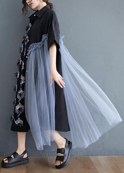 Casual Black Patchwork Tulle Peter Pan Collar Summer Button Dresses Half Sleeve - SooLinen