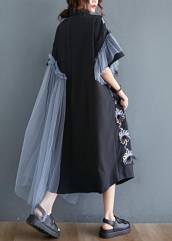 Casual Black Patchwork Tulle Peter Pan Collar Summer Button Dresses Half Sleeve - SooLinen