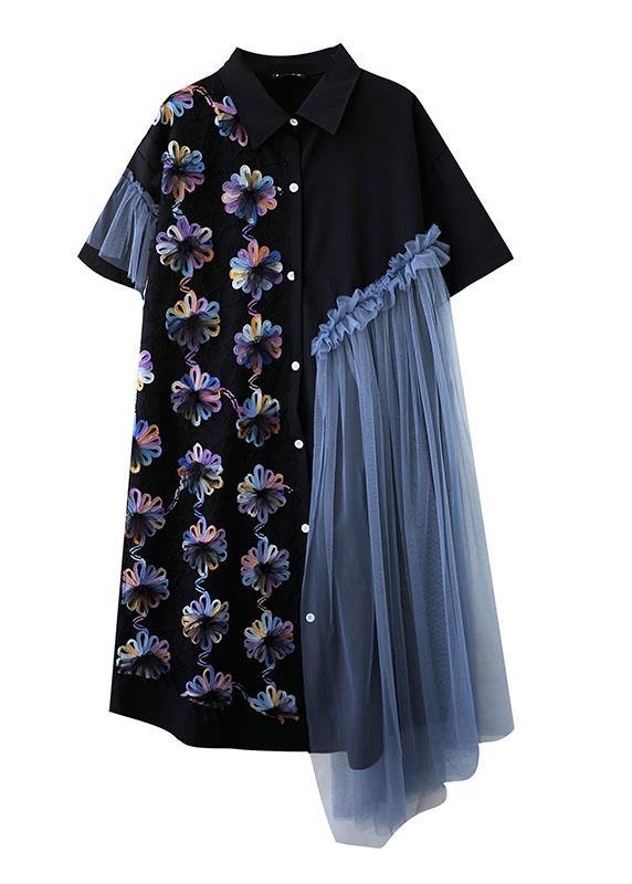 Casual Black Patchwork Tulle Peter Pan Collar Summer Button Dresses Half Sleeve - SooLinen