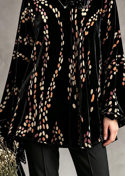 Casual Black Peter Pan Collar Dot Silk Velour Tops Fall
