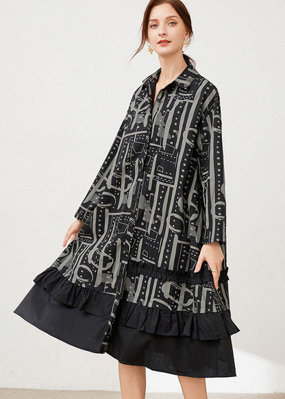 Casual Schwarz Peter Pan Kragen Print Baumwolle hemden Kleider Frühling