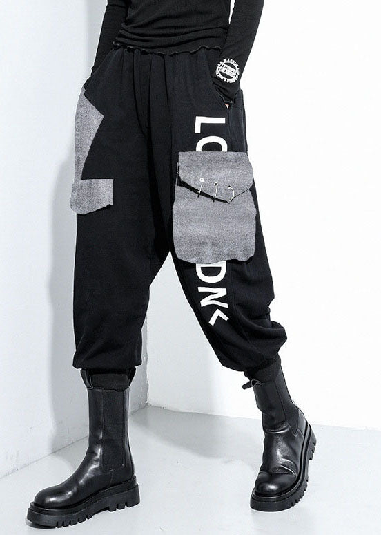 Lässige schwarze Taschen Baumwolle Haremshose Frühling