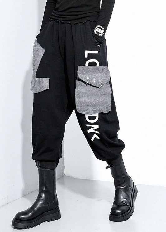 Lässige schwarze Taschen Baumwolle Haremshose Frühling