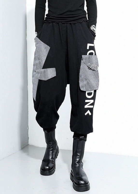 Lässige schwarze Taschen Baumwolle Haremshose Frühling