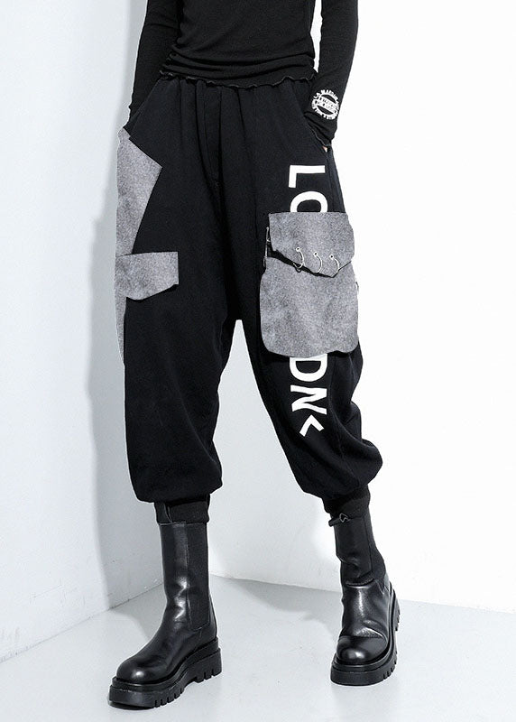 Lässige schwarze Taschen Baumwolle Haremshose Frühling