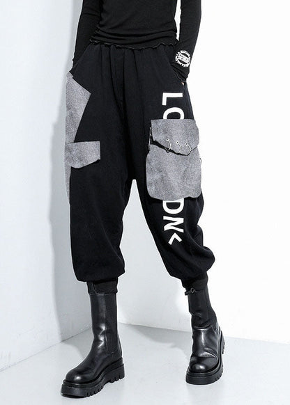 Lässige schwarze Taschen Baumwolle Haremshose Frühling