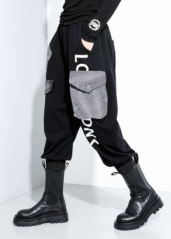 Lässige schwarze Taschen Baumwolle Haremshose Frühling