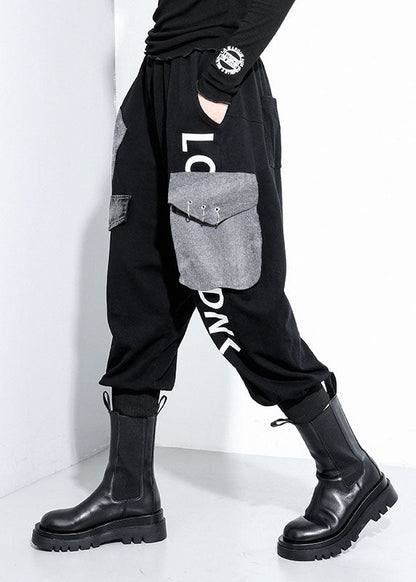 Lässige schwarze Taschen Baumwolle Haremshose Frühling