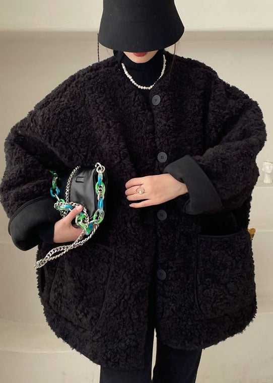 Lässige schwarze Taschen Kunstpelzjacke Winter