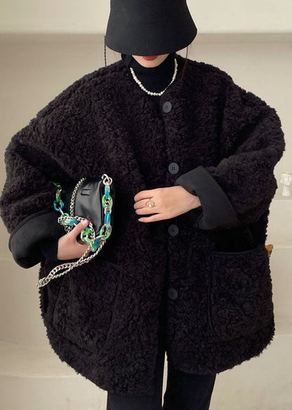 Lässige schwarze Taschen Kunstpelzjacke Winter