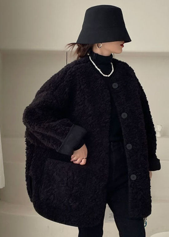 Lässige schwarze Taschen Kunstpelzjacke Winter