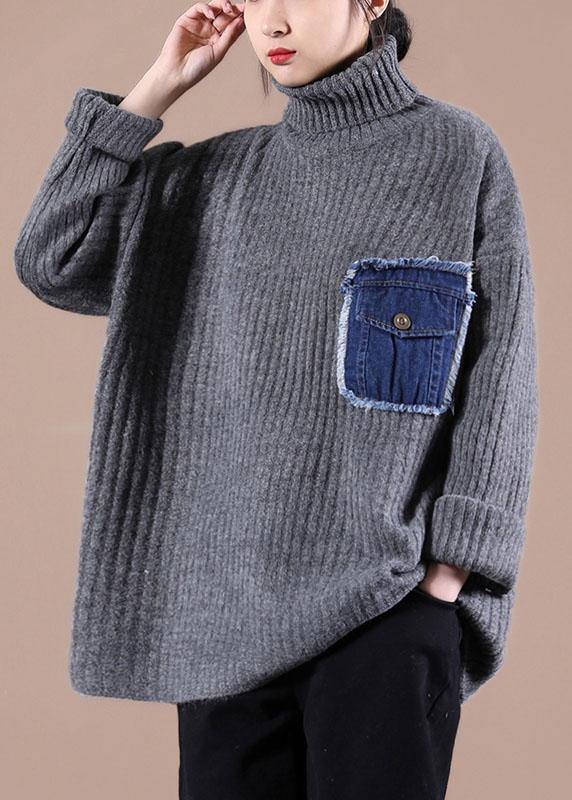 Casual Black Pockets High Neck Fall Knit Top - SooLinen