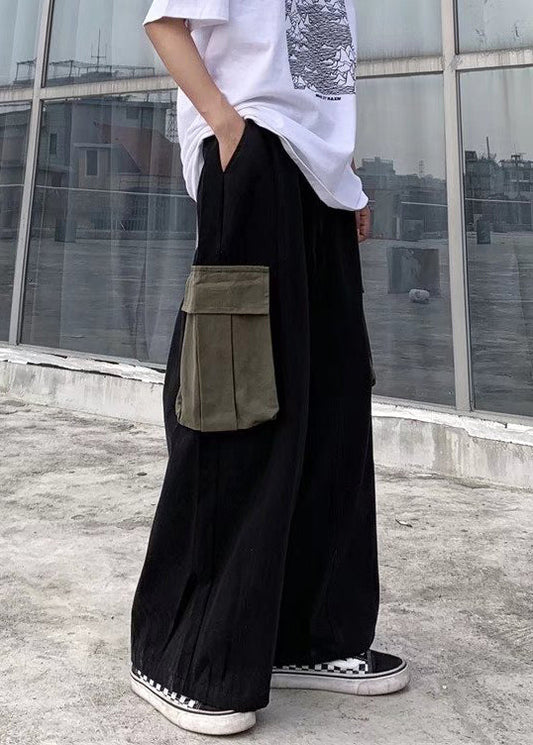 Casual Black Pockets Patchwork Cotton Men Wide Leg Pants Summer