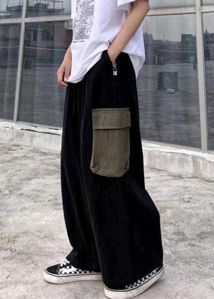Casual Black Pockets Patchwork Cotton Men Wide Leg Pants Summer
