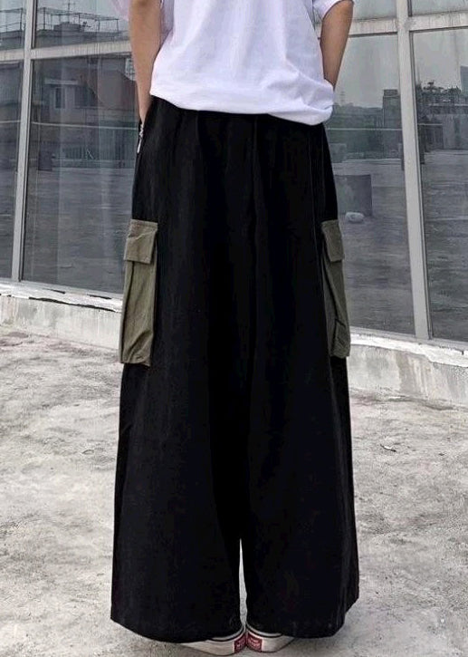 Casual Black Pockets Patchwork Cotton Men Wide Leg Pants Summer