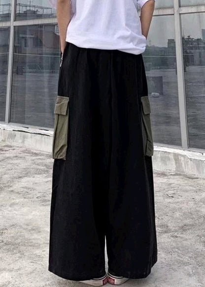 Casual Black Pockets Patchwork Cotton Men Wide Leg Pants Summer