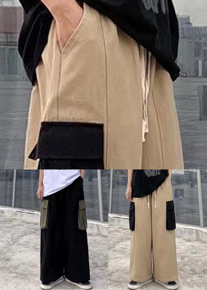 Casual Black Pockets Patchwork Cotton Men Wide Leg Pants Summer