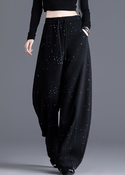 Casual Black Pockets Print Elastic Waist Denim Pants Spring