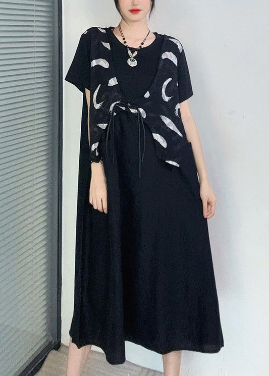 Lässiges schwarzes Print Button Fake Zweiteiler Langes Kleid Kurzarm