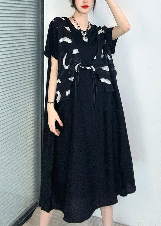 Lässiges schwarzes Print Button Fake Zweiteiler Langes Kleid Kurzarm
