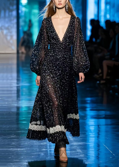 Casual Black Print Patchwork Lace Chiffon Long Dresses Summer