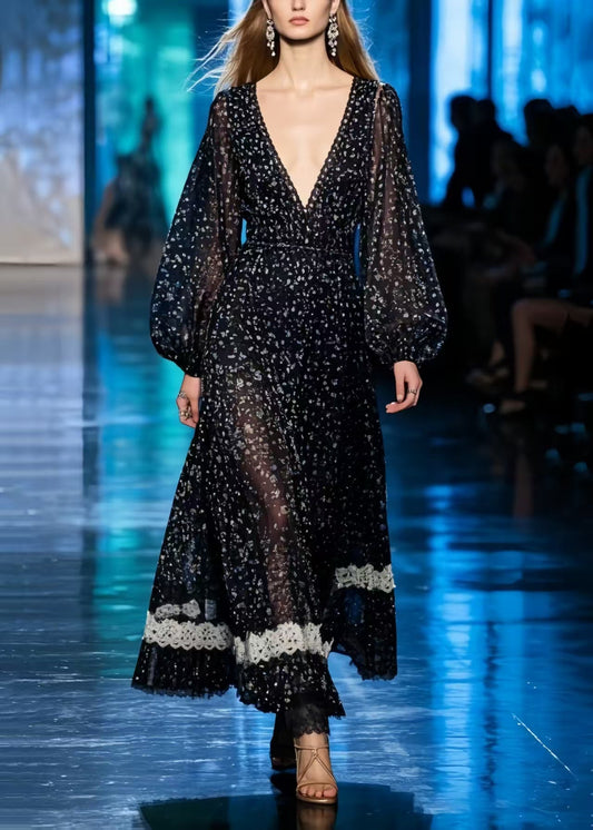Casual Black Print Patchwork Lace Chiffon Long Dresses Summer