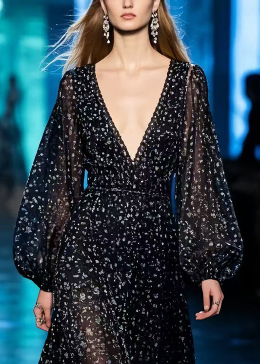 Casual Black Print Patchwork Lace Chiffon Long Dresses Summer