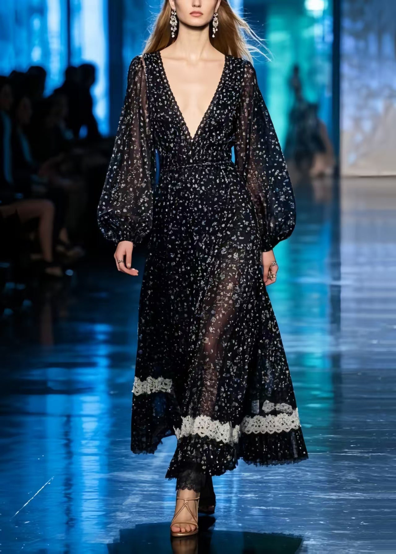 Casual Black Print Patchwork Lace Chiffon Long Dresses Summer