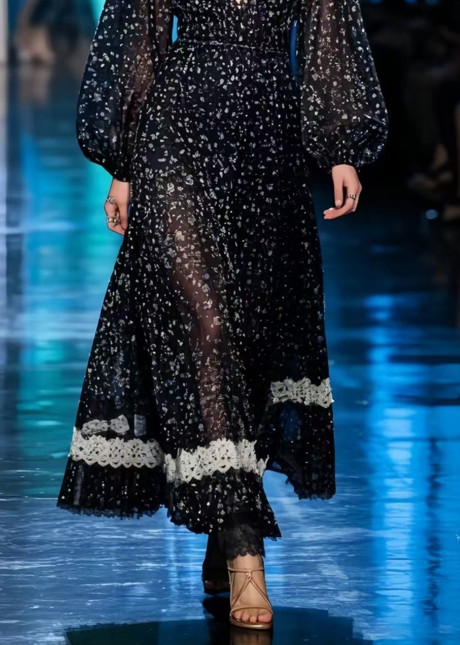 Casual Black Print Patchwork Lace Chiffon Long Dresses Summer