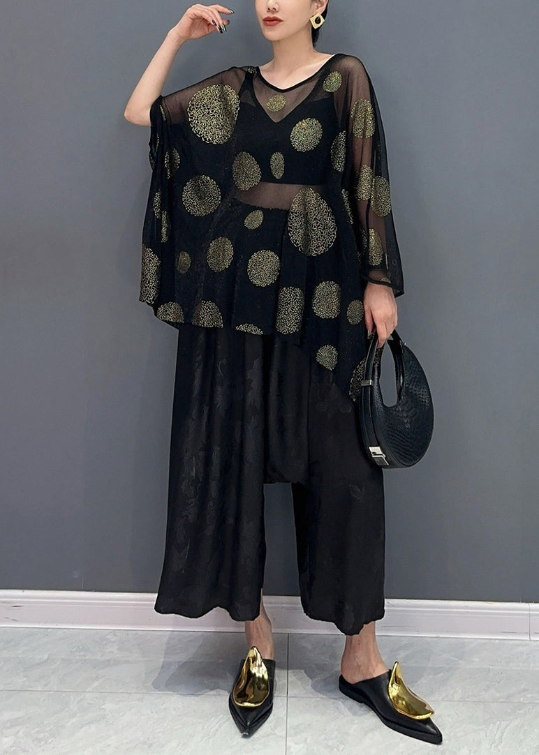 Casual Black Print Silk T Shirts And Crop Pants Two Piece Set Bracelet Sleeve