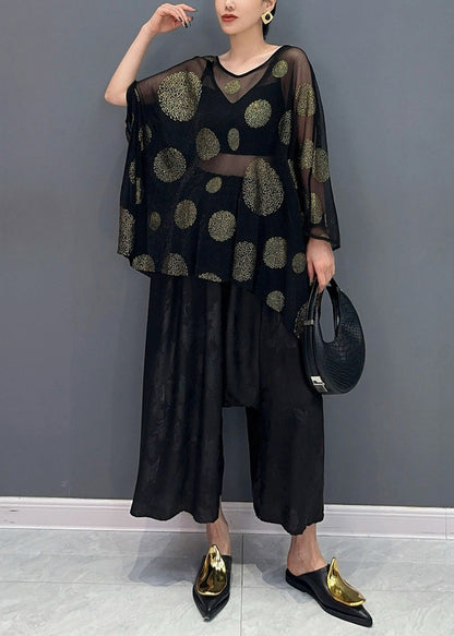 Casual Black Print Silk T Shirts And Crop Pants Two Piece Set Bracelet Sleeve