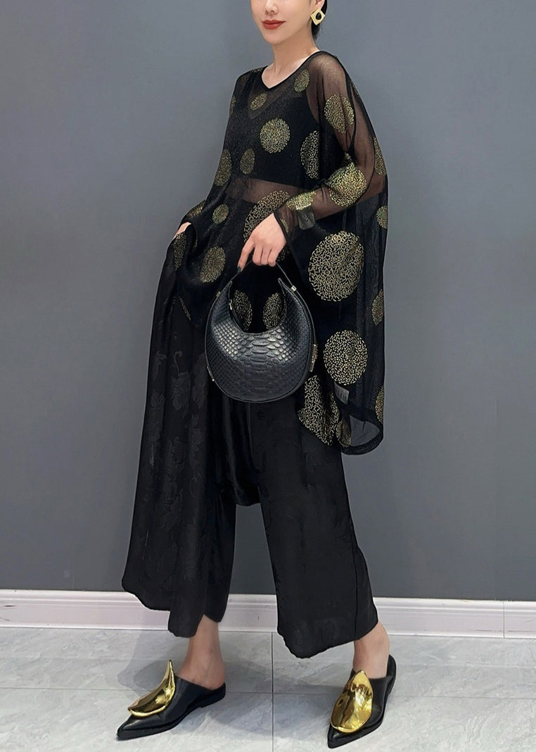 Casual Black Print Silk T Shirts And Crop Pants Two Piece Set Bracelet Sleeve